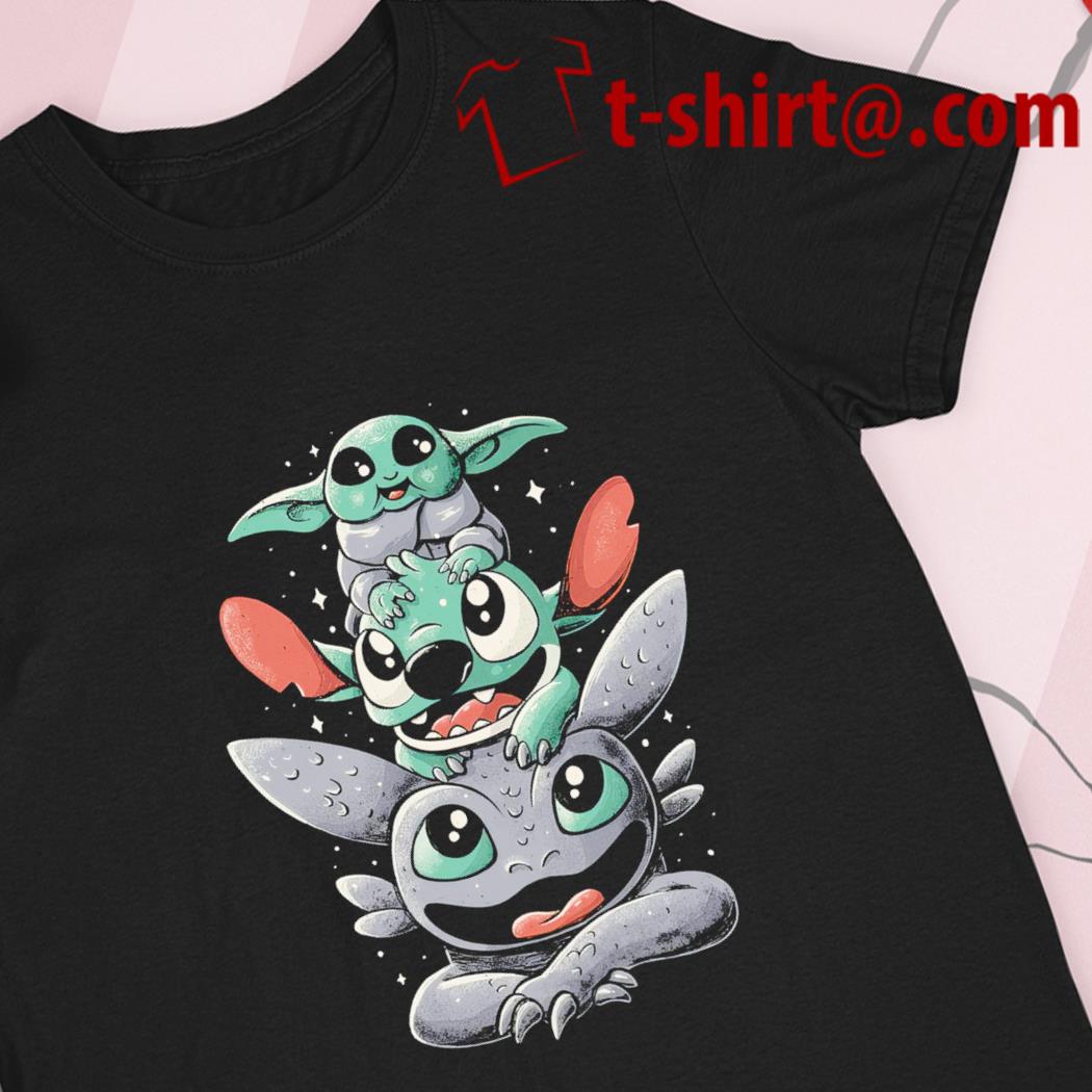 Stitch Climbing On Baby Yoda Disney Star Wars Shirts