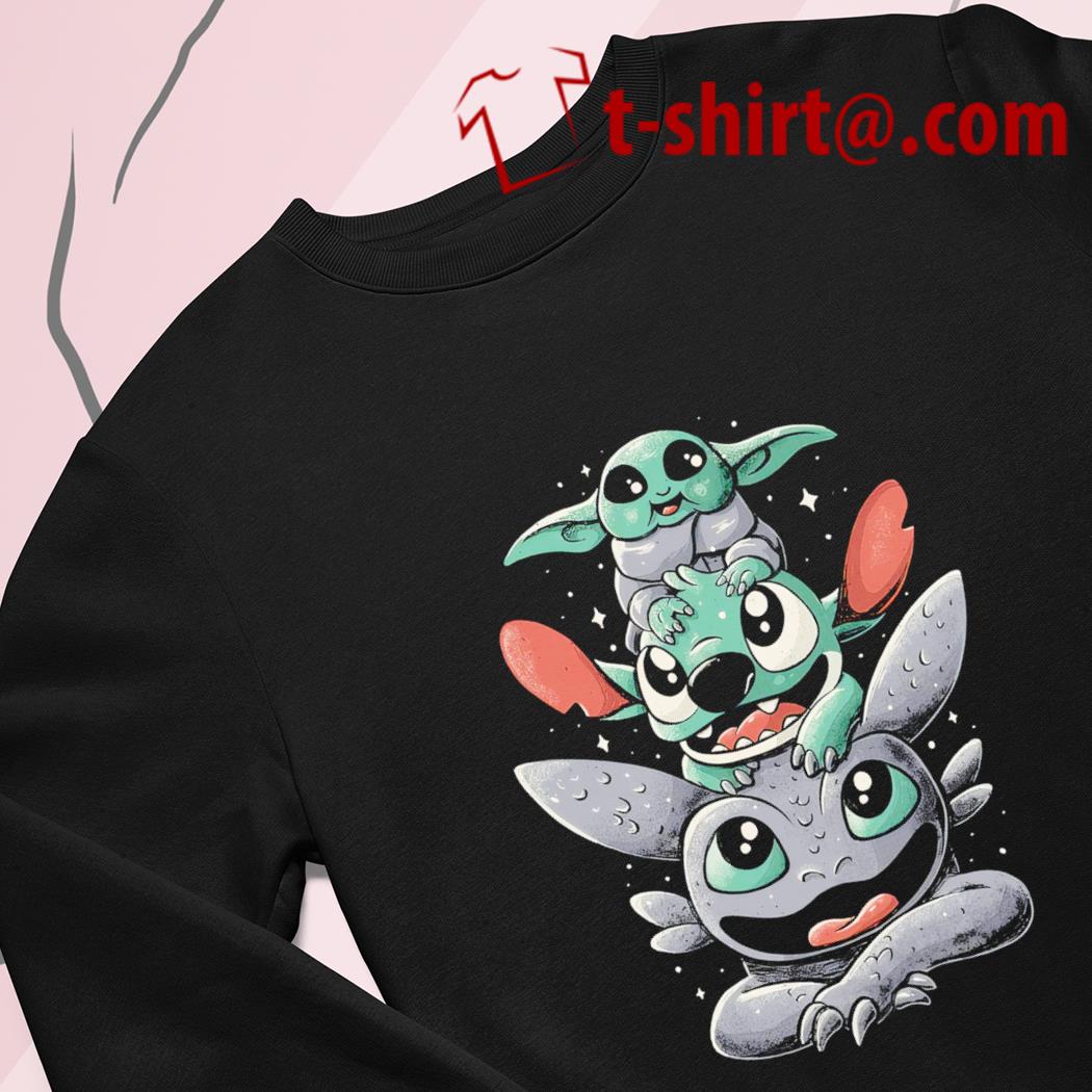 Stitch Climbing On Baby Yoda Disney Star Wars Shirts